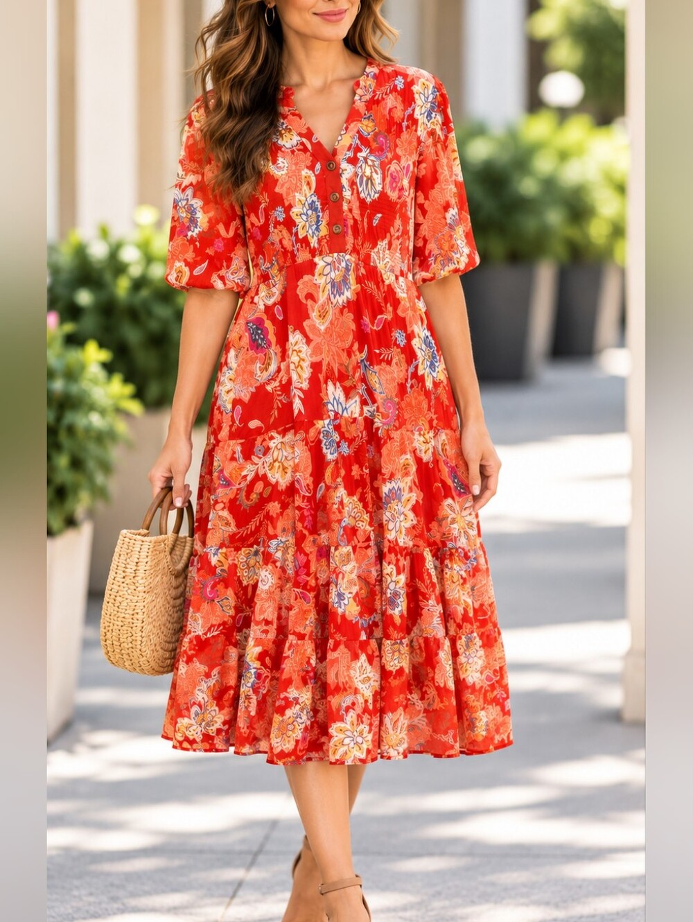 Cactus Red Floral Button-Front Tiered Midi Dress